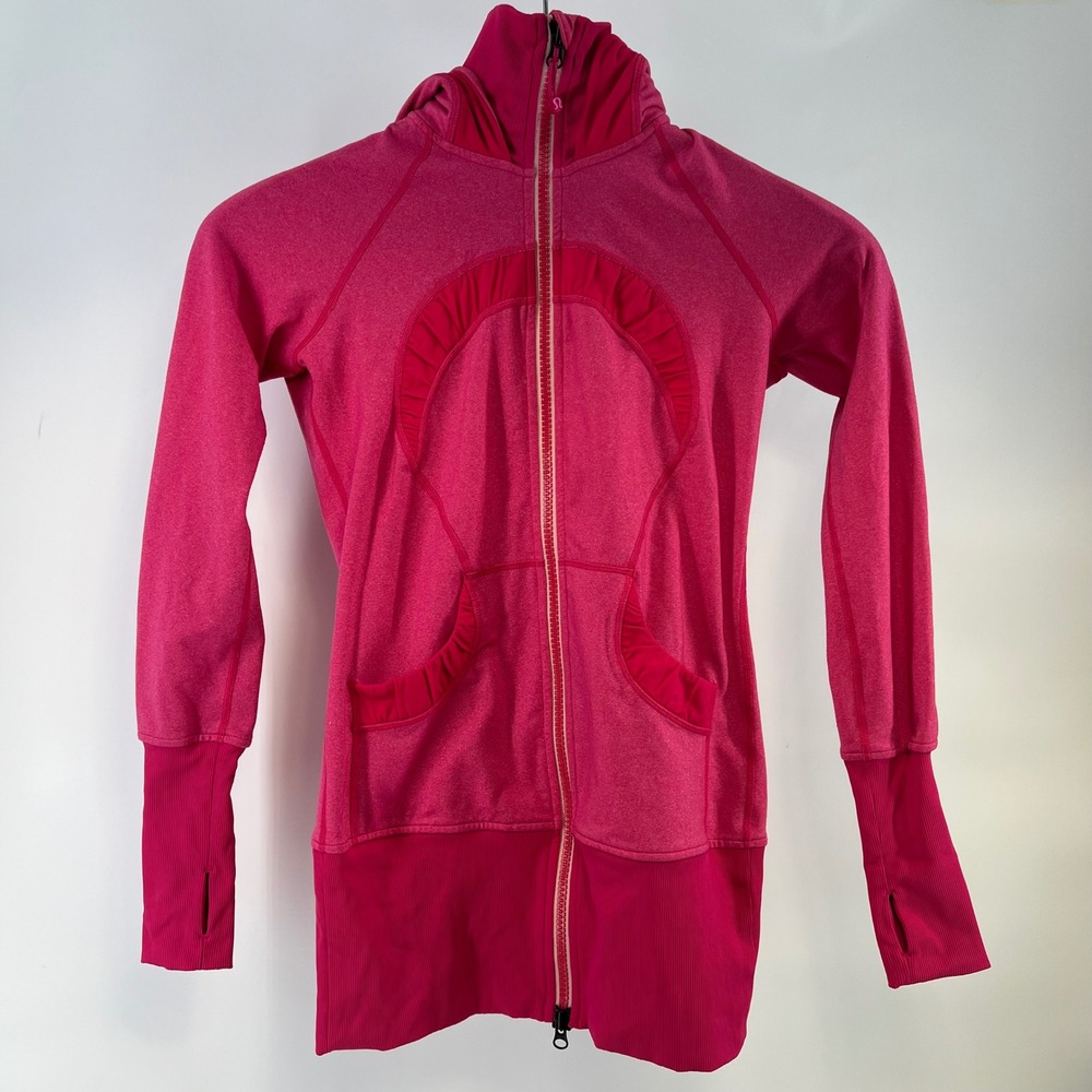 Lululemon Stride Jacket Womens 4 Pink Ruffle Hooded Full Zip Thumbholes Rare - Picture 2 of 8